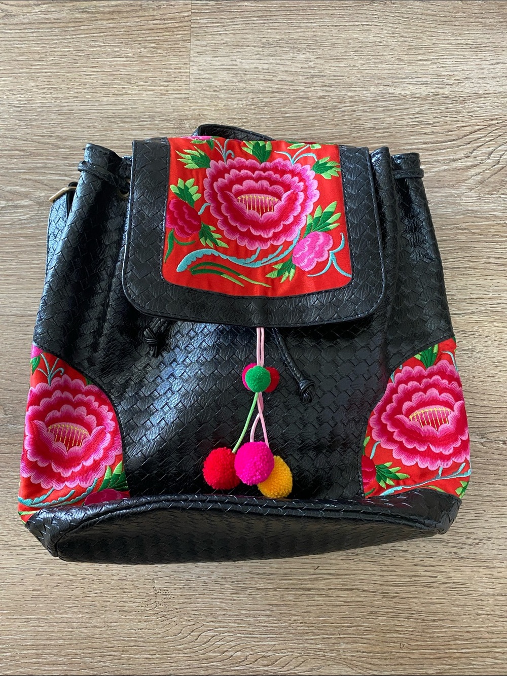 Black Floral Embroidered Women’s Backpack from Bali